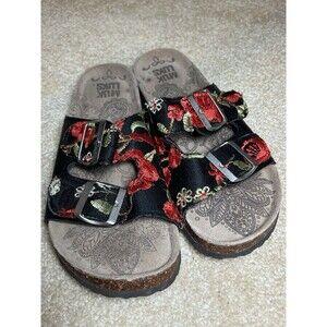Women's Muk Luks Slide Sandals w/ Buckle Straps, Black Embroidered Size 7